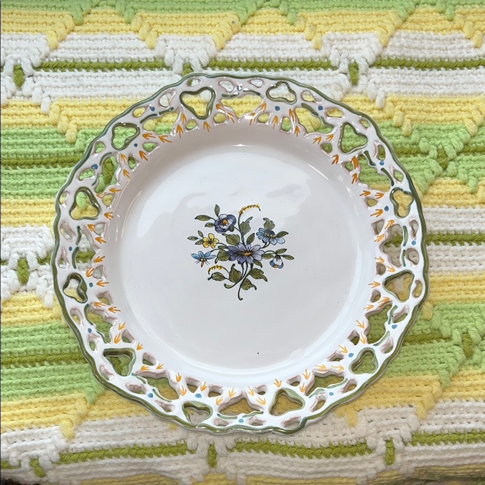 Decorative Floral Ceramic Plate with‎ pierced rim Heart Cutouts France